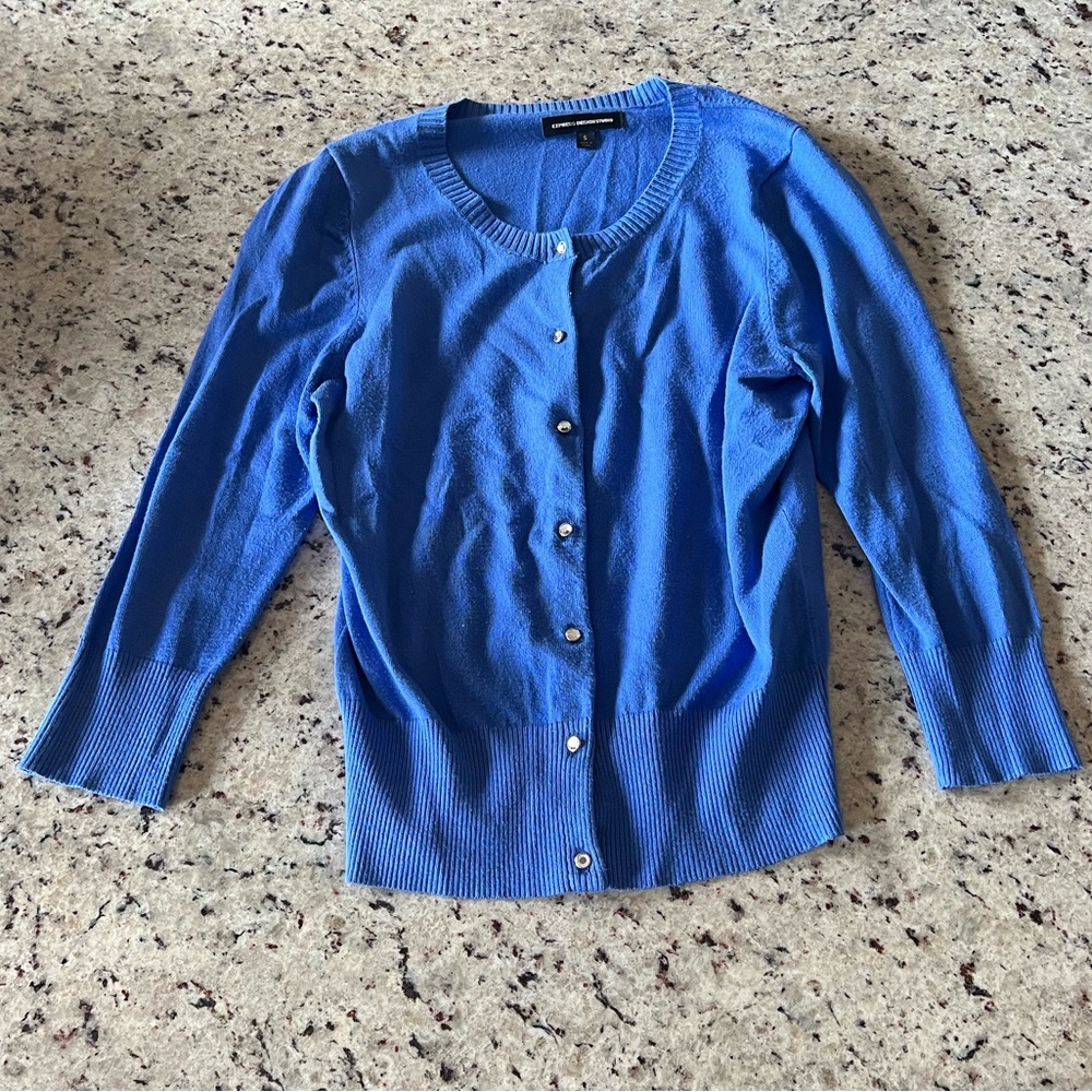 Express Blue Button Down Cardigan with Clear Crystal Buttons